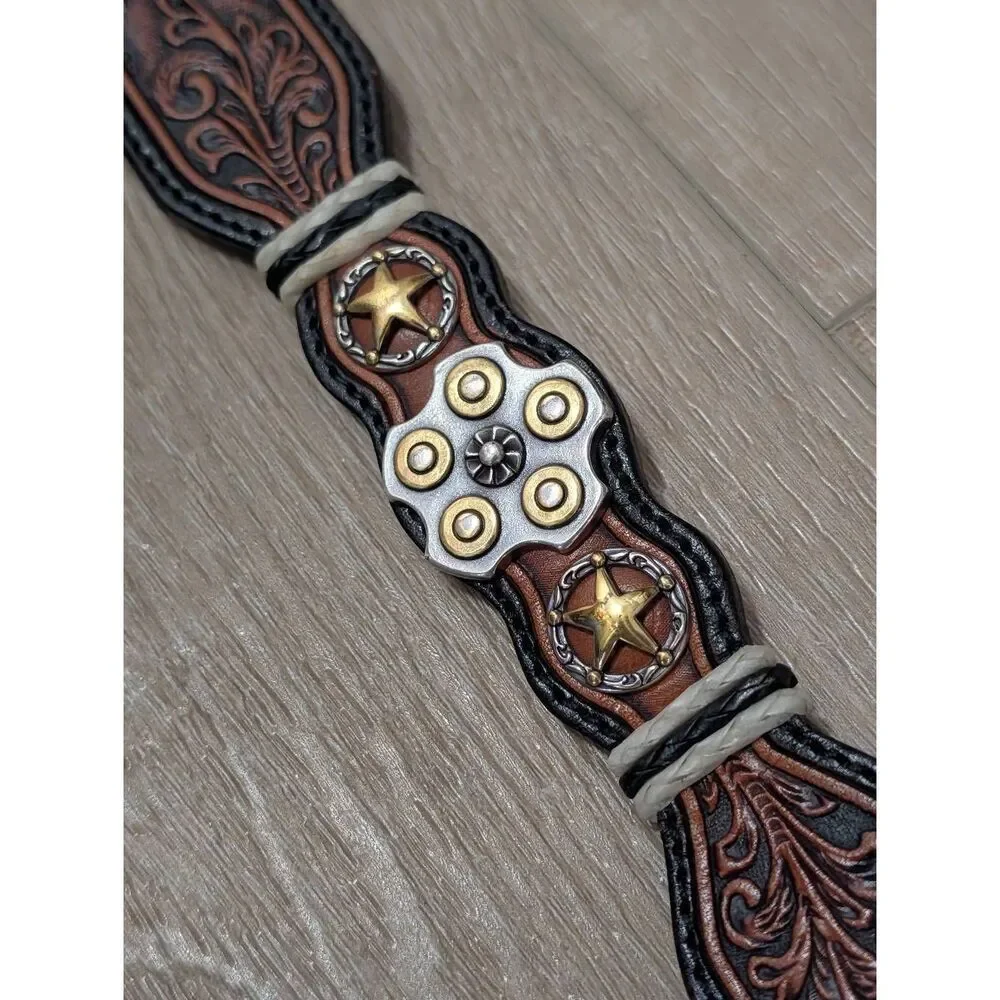 Silver Creek Tooled Leather Belt Western Sheriff Star Revolver Concho Sz 34